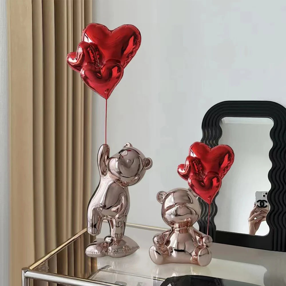 17.3" Pink Standing Bear Statue with Heart Balloons Home Decor