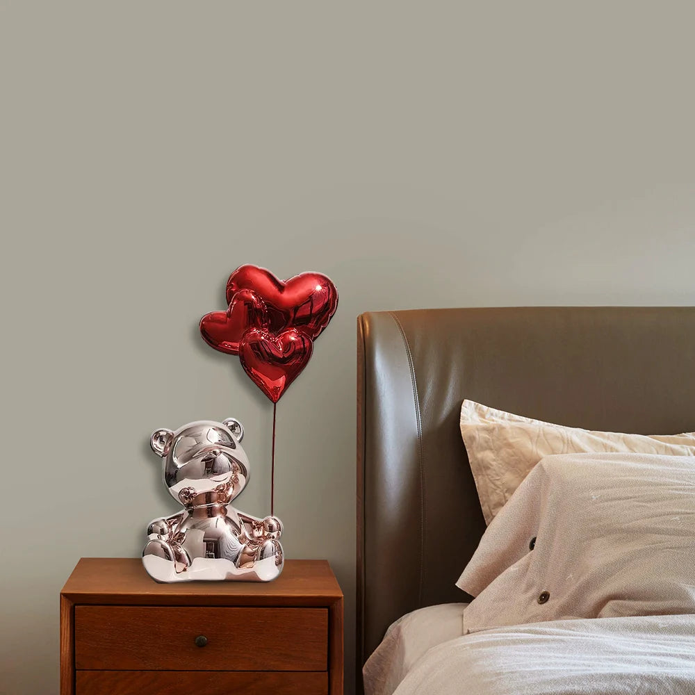 17.3" Pink Standing Bear Statue with Heart Balloons Home Decor
