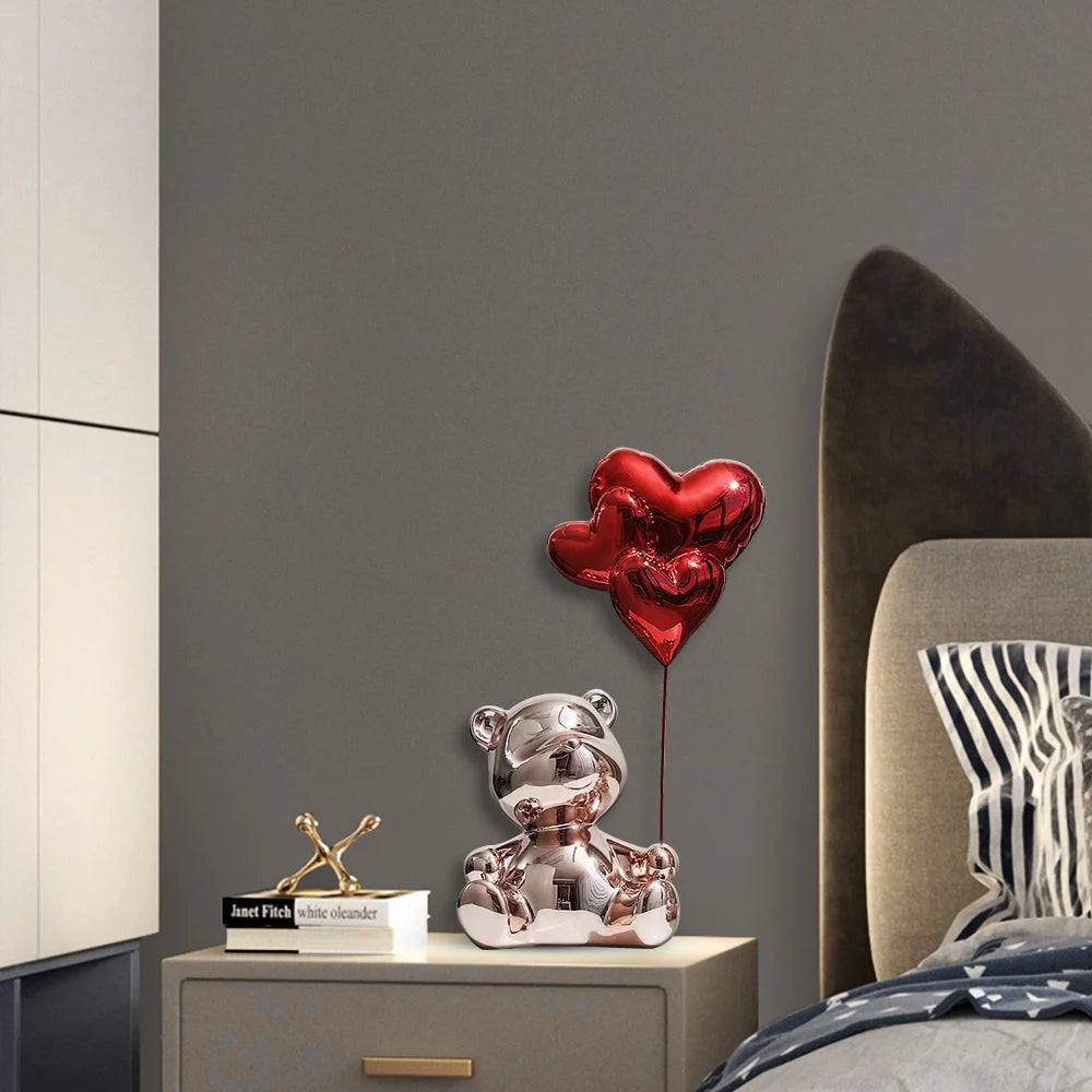 17.3" Pink Standing Bear Statue with Heart Balloons Home Decor