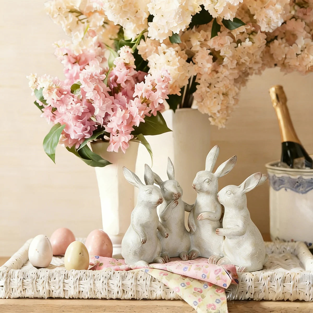 Whitewashed Polyresin Bunny Rabbit Figurine Set (4 Piece Decor)
