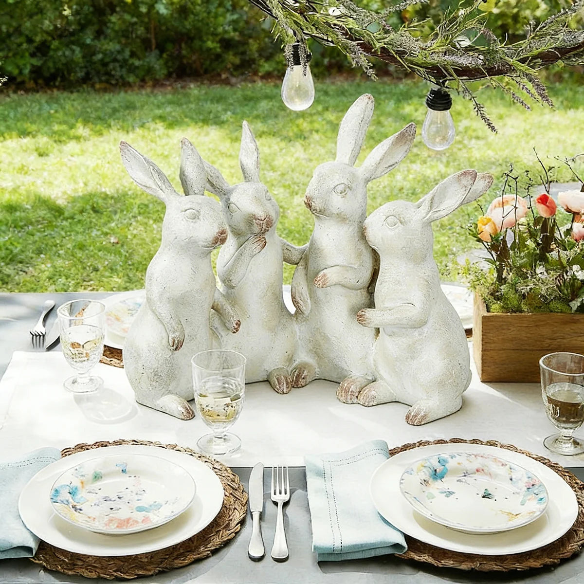 Whitewashed Polyresin Bunny Rabbit Figurine Set (4 Piece Decor)