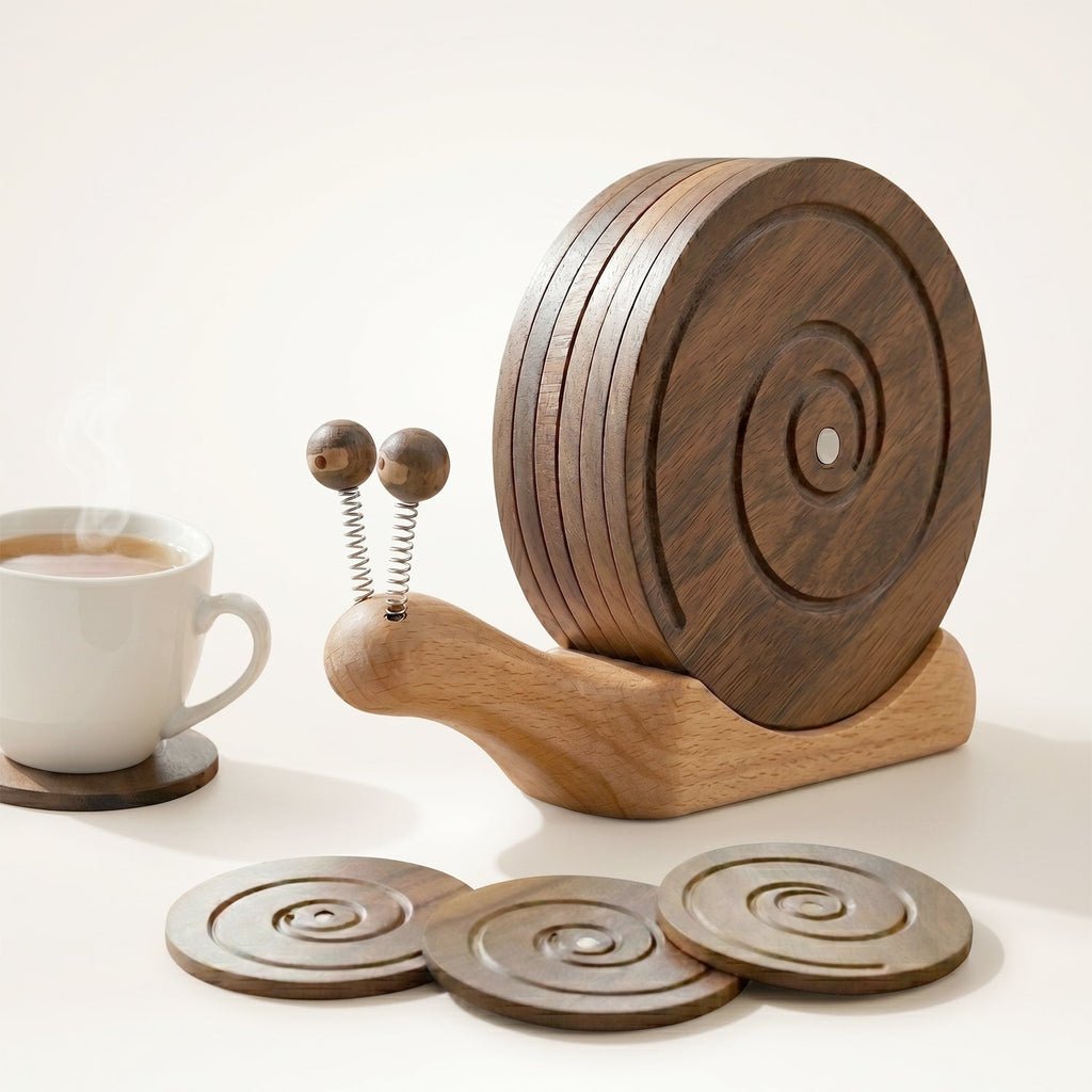 Wooden Snail Drink Coasters Set of 6 with Magnetic Holder