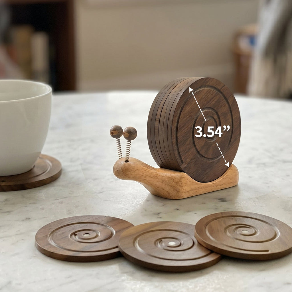 Wooden Snail Drink Coasters Set of 6 with Magnetic Holder