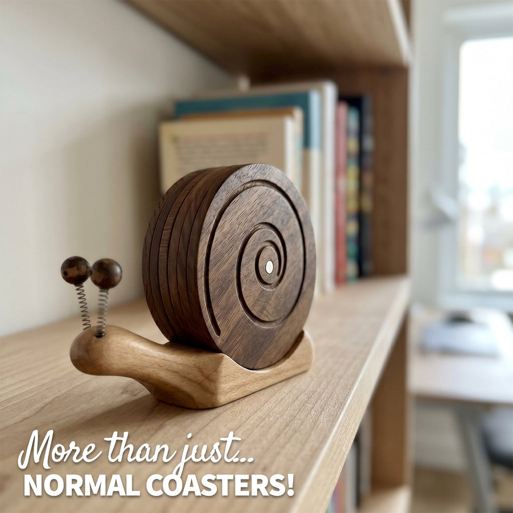 Wooden Snail Drink Coasters Set of 6 with Magnetic Holder