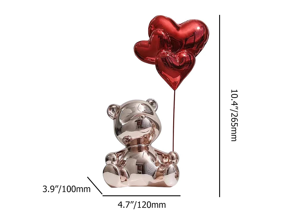 17.3" Pink Standing Bear Statue with Heart Balloons Home Decor