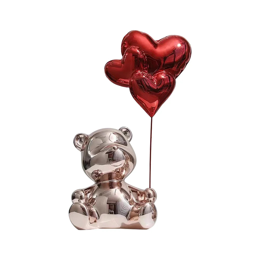17.3" Pink Standing Bear Statue with Heart Balloons Home Decor