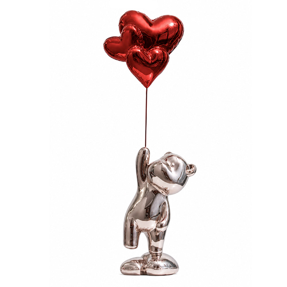Pink Bear Statues with Heart Balloons – Modern Romantic Home Decor Set
