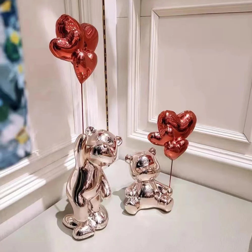 17.3" Pink Standing Bear Statue with Heart Balloons Home Decor