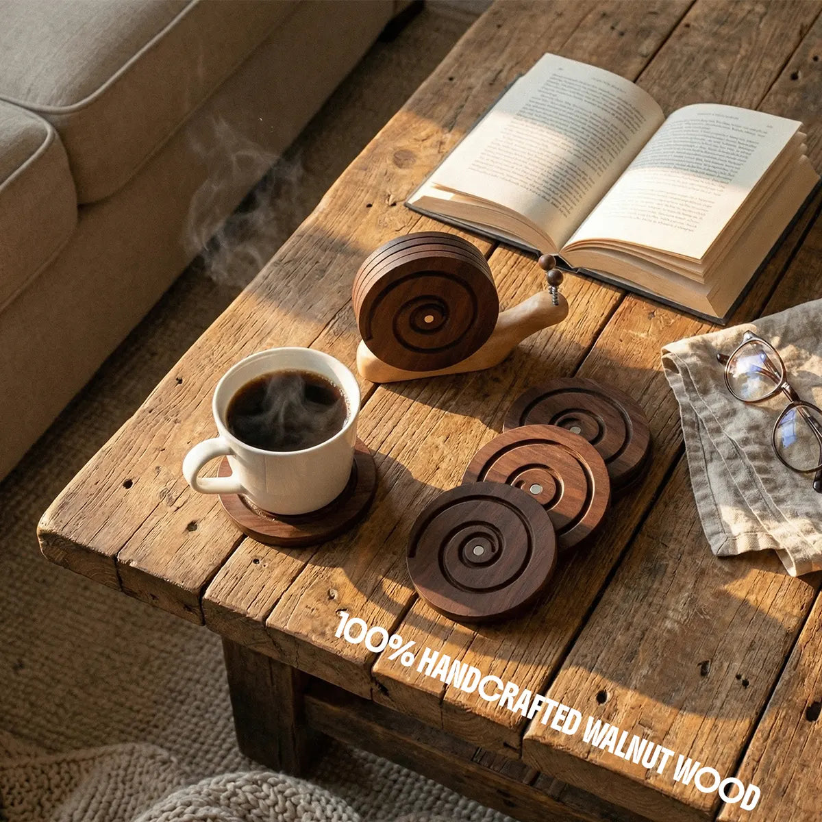 Wooden Snail Drink Coasters Set of 6 with Magnetic Holder