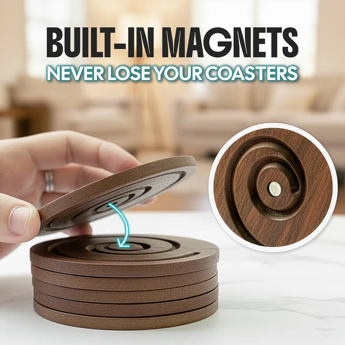 Wooden Snail Drink Coasters Set of 6 with Magnetic Holder