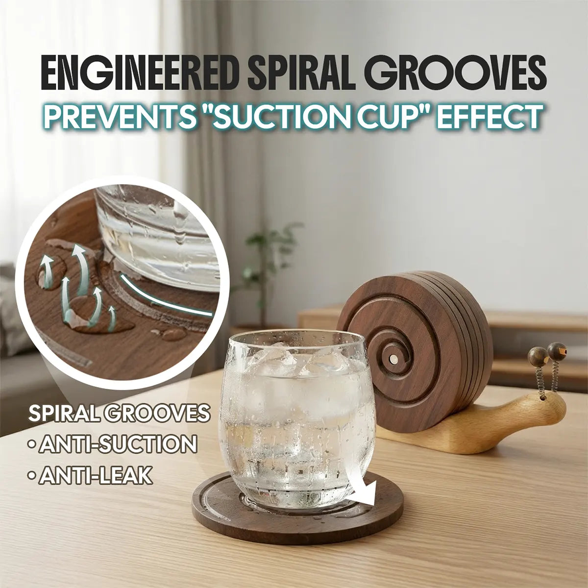 Wooden Snail Drink Coasters Set of 6 with Magnetic Holder