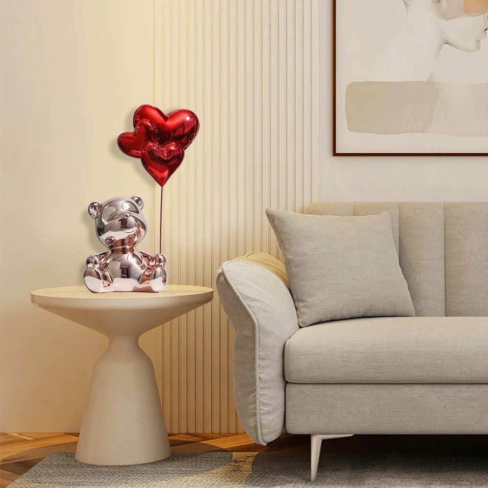 17.3" Pink Standing Bear Statue with Heart Balloons Home Decor