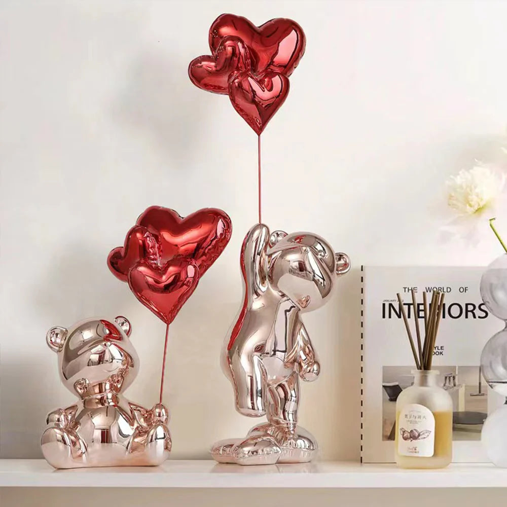 17.3" Pink Standing Bear Statue with Heart Balloons Home Decor