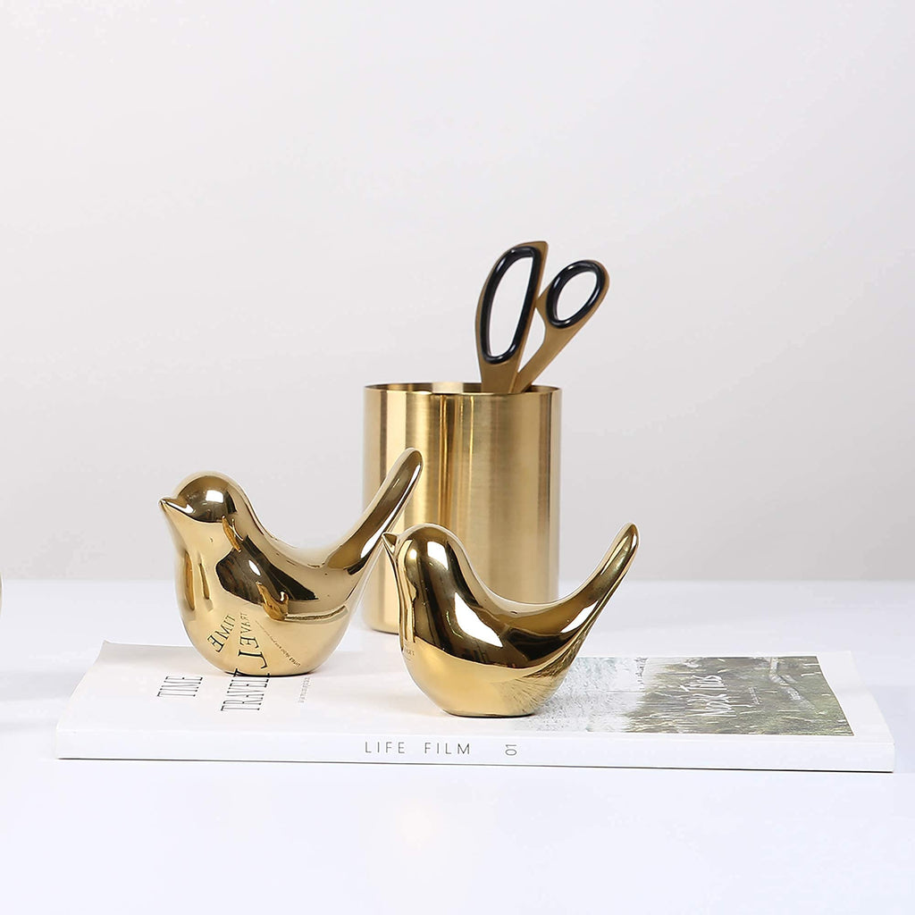 Set of 2 Gold Bird Figurines Modern Home Decor Decorative Statues