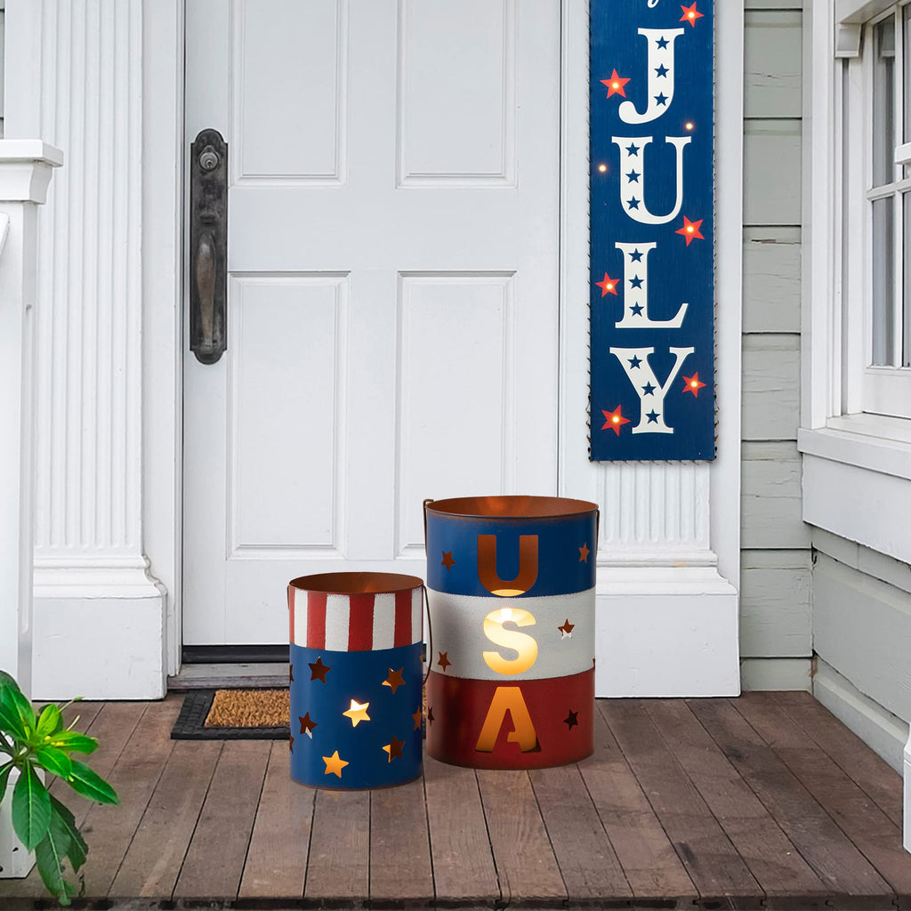 Set Of 2 Metal Patriotic Bucket 4th of July Yard Art