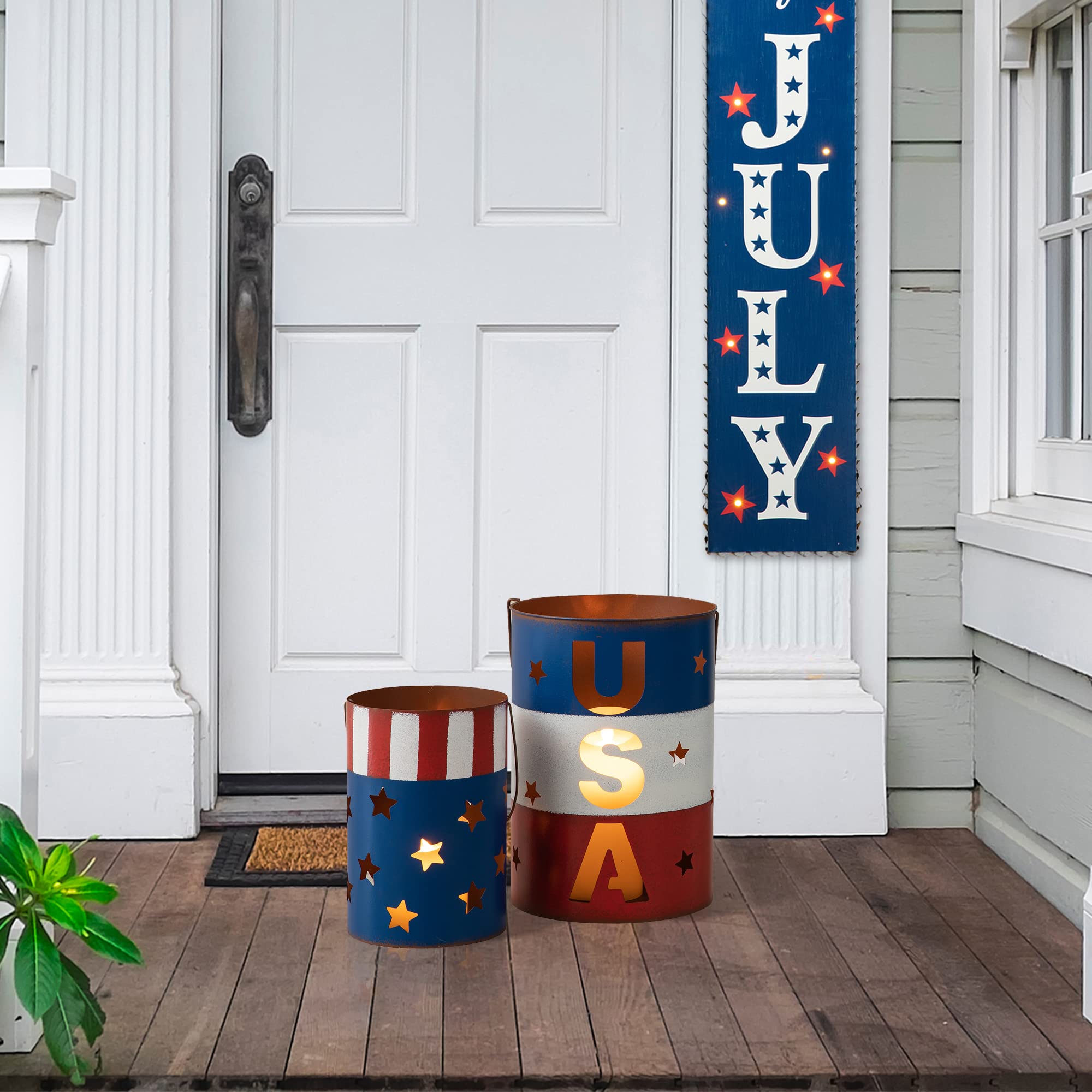Set Of 2 Metal Patriotic Bucket 4th of July Yard Art