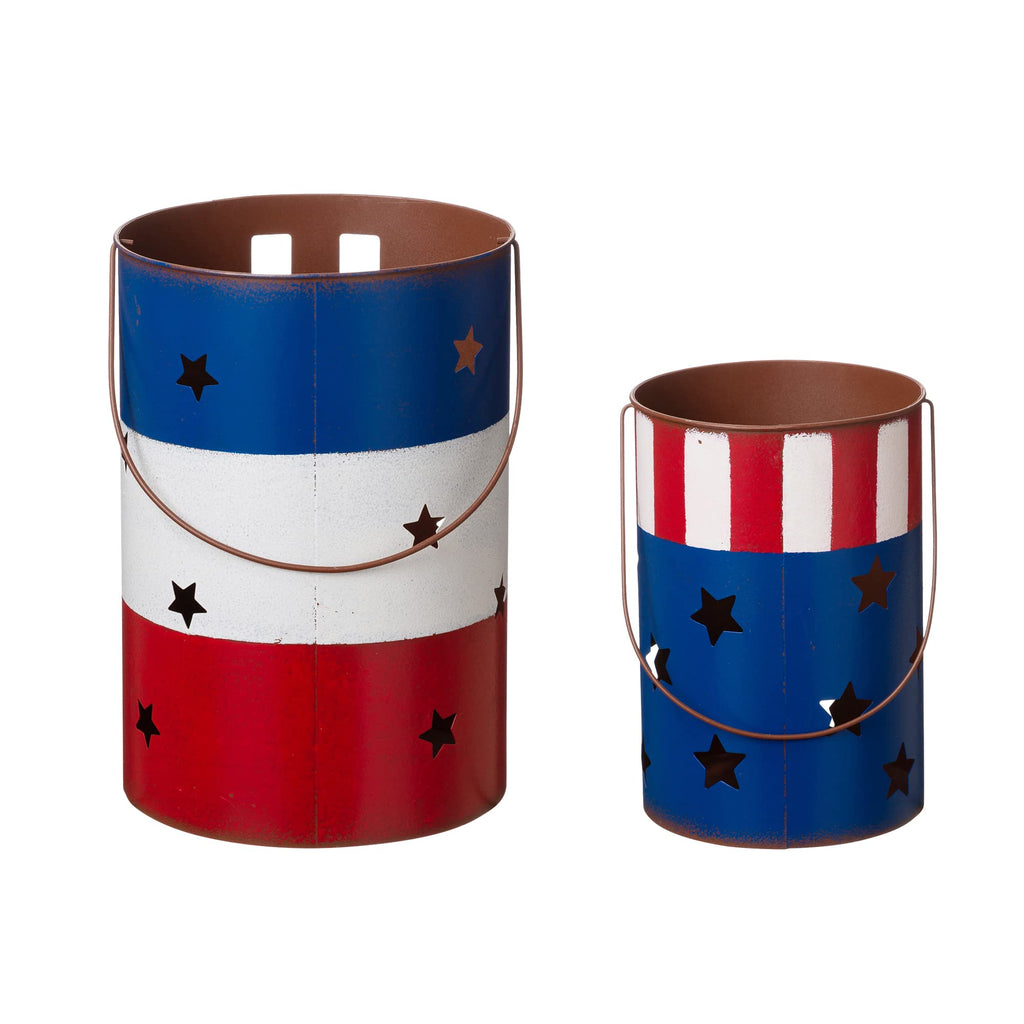 Set Of 2 Metal Patriotic Bucket 4th of July Yard Art