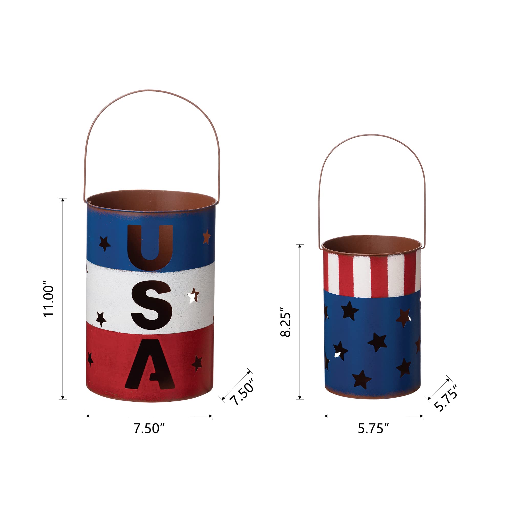 Set Of 2 Metal Patriotic Bucket 4th of July Yard Art