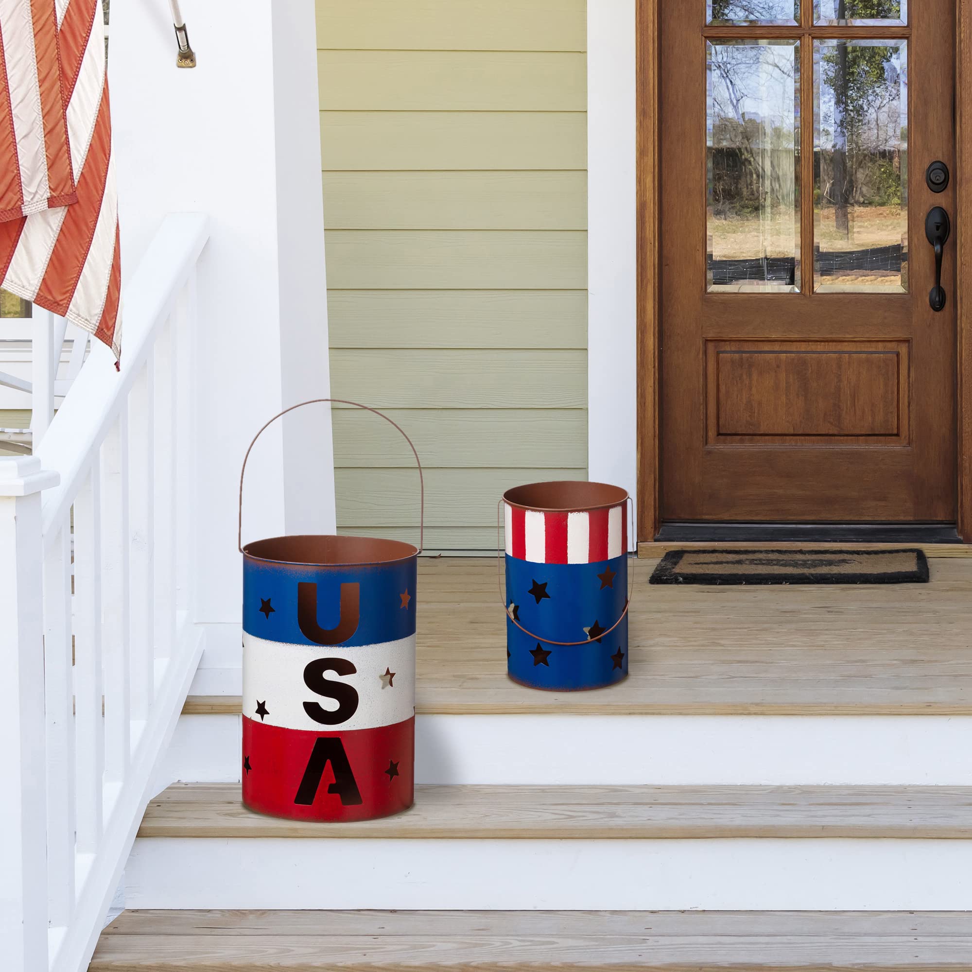 Set Of 2 Metal Patriotic Bucket 4th of July Yard Art