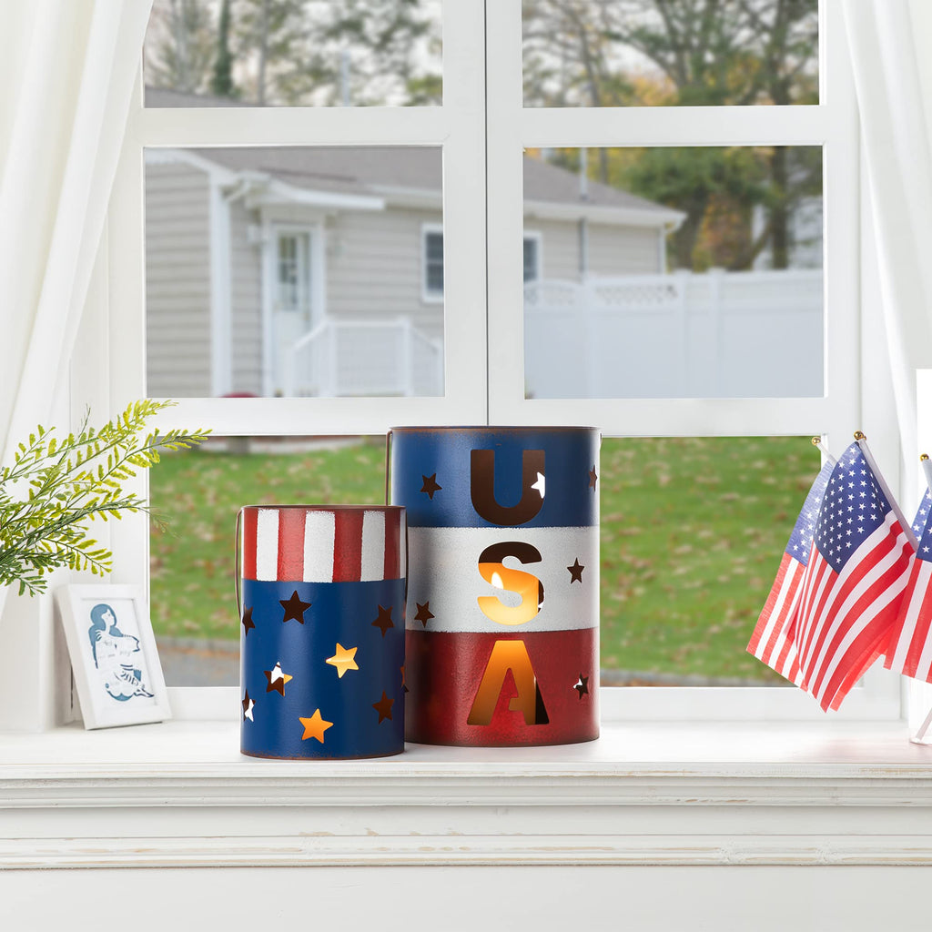 Set Of 2 Metal Patriotic Bucket 4th of July Yard Art