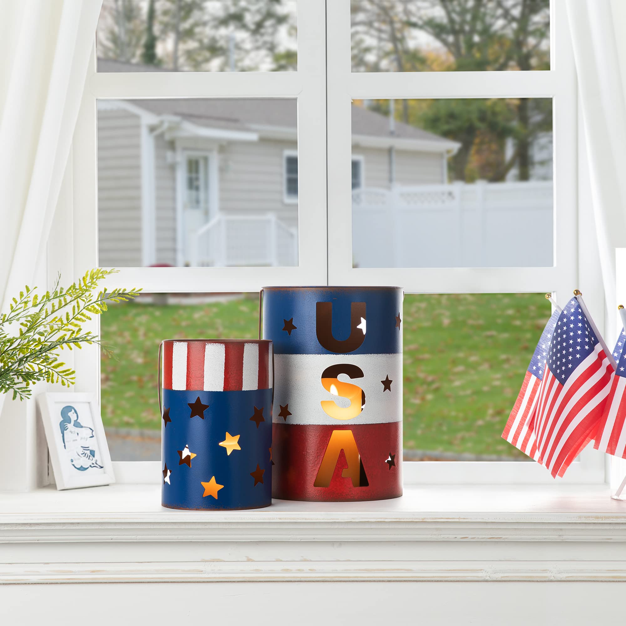 Set Of 2 Metal Patriotic Bucket 4th of July Yard Art