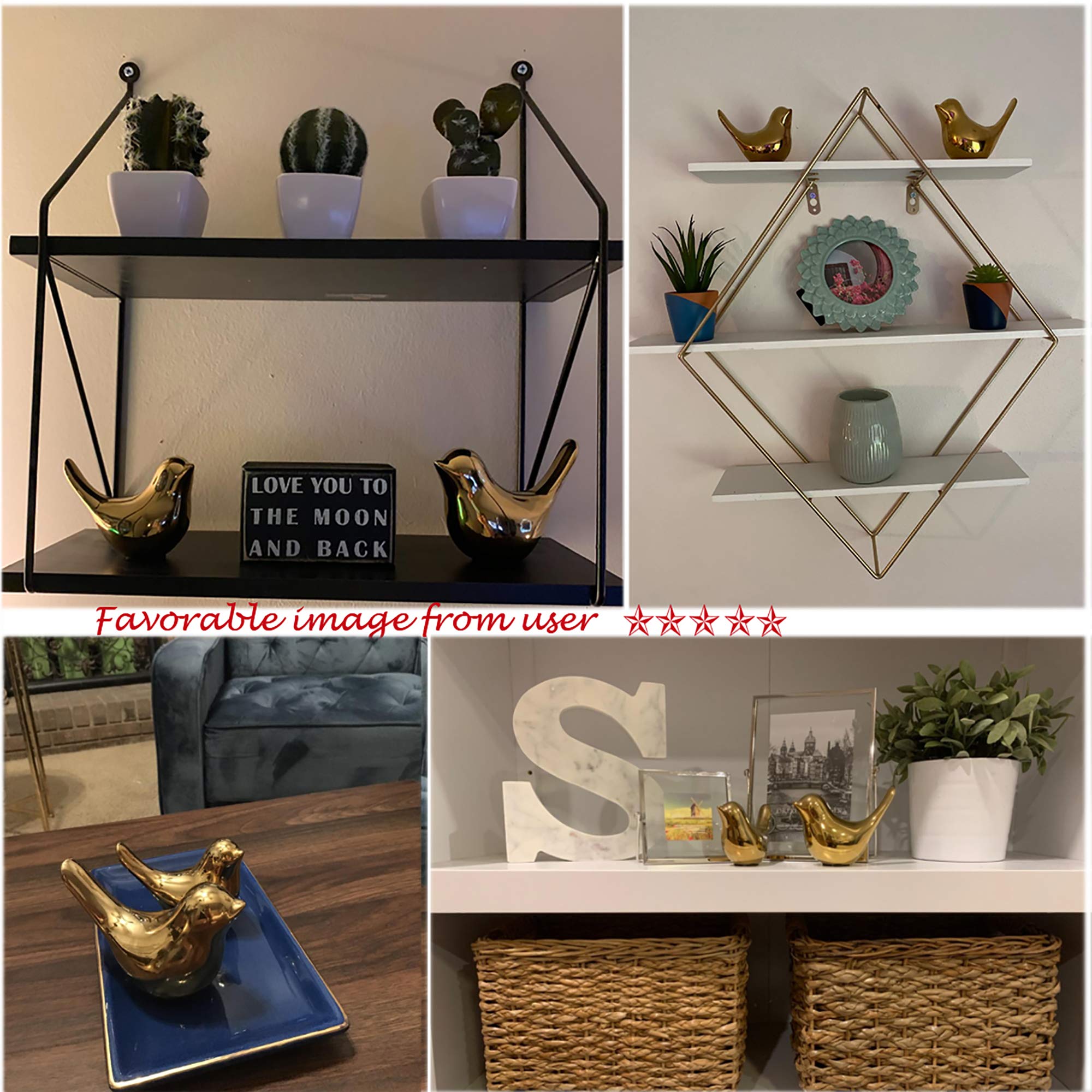 Set of 2 Gold Bird Figurines Modern Home Decor Decorative Statues
