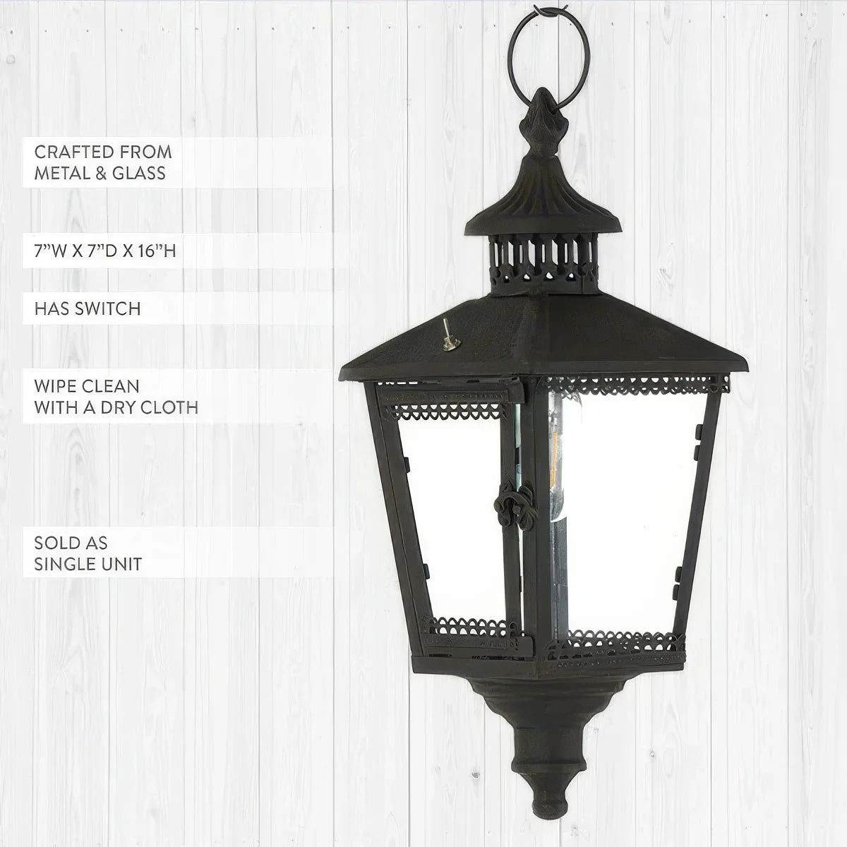 Vintage Style Black Metal & Glass Battery Operated Hanging Lantern