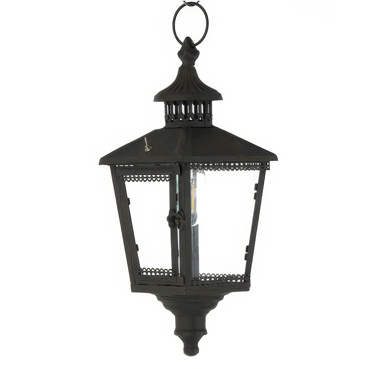 Vintage Style Black Metal & Glass Battery Operated Hanging Lantern