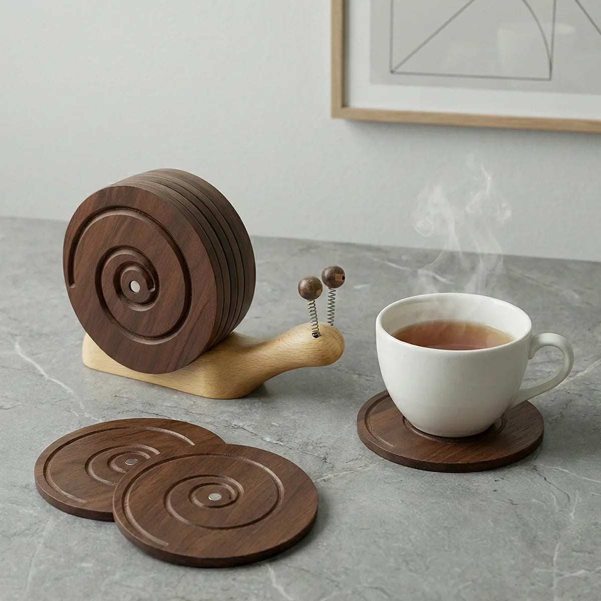 Wooden Snail Drink Coasters Set of 6 with Magnetic Holder